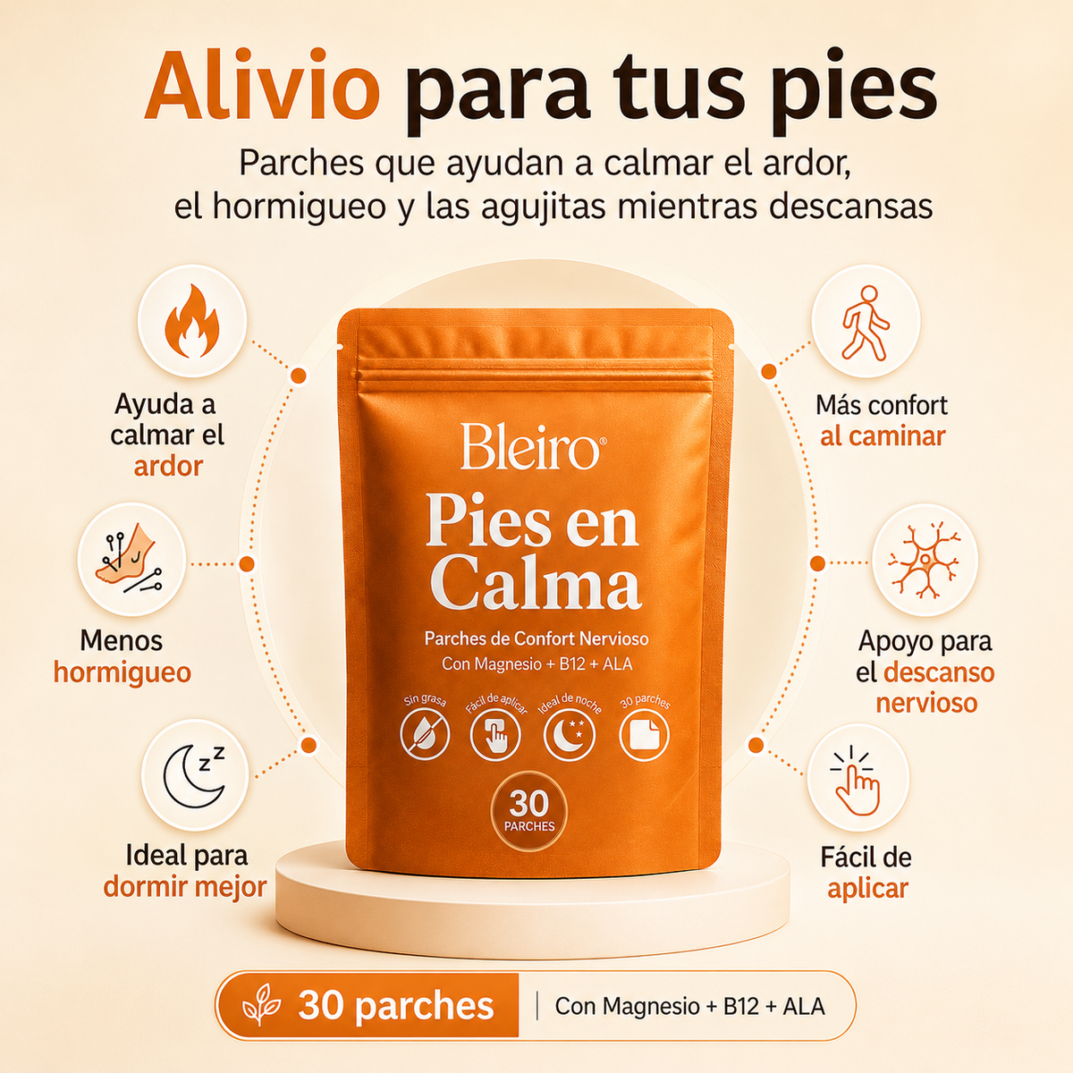 Bleiro Pies en Calma – Parches de Confort para Ardor, Hormigueo y Pies Dormidos
